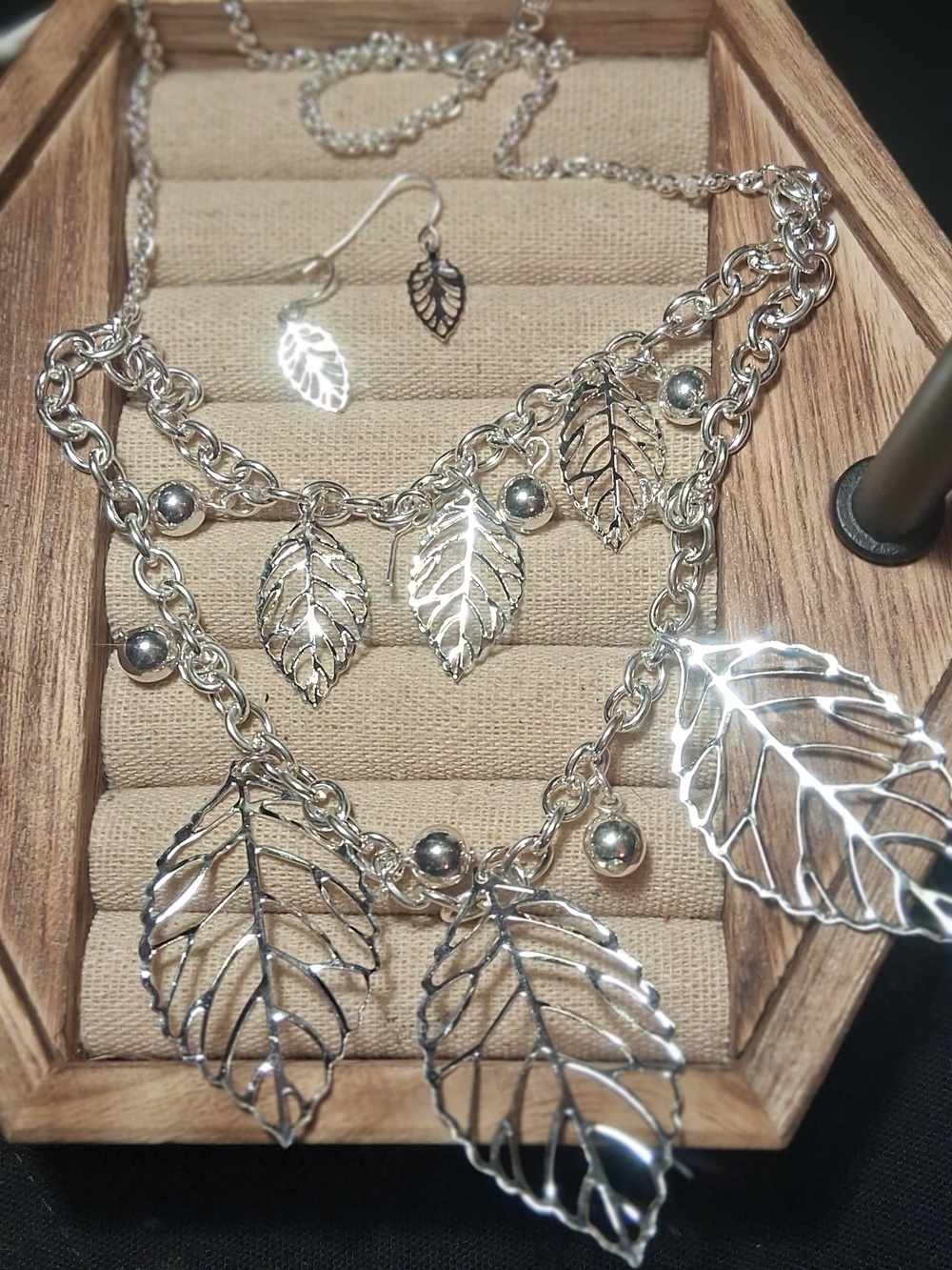 Silver Leaf Multi-Tier Necklace with Matching Earring - Silver
